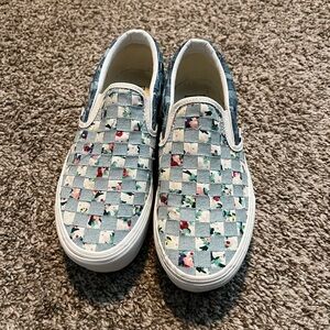 Vans blue floral checkered platform slip ons
